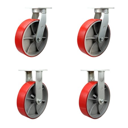 Service Caster 12'' Heavy Duty Red Poly on Cast Iron Caster Set 2 Swivel Locks 2 Rigid, 4PK CRAN-SCC-KP92S1230-PUR-RS-BSL-2-R-2